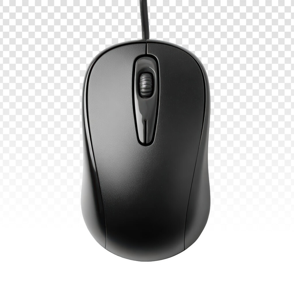 Mouse de computador com botões e roda de rolagem para atalhos rápidos.